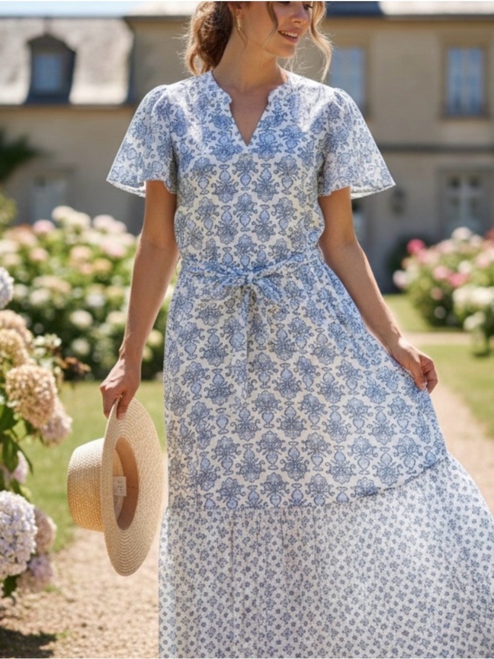 Women’s Magari Blue and White Floral linen Maxi Dress with Tie Waist